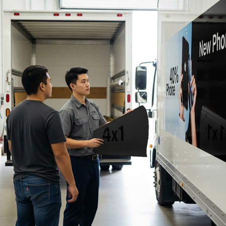 Driver and an asian male looking at applied advertisement