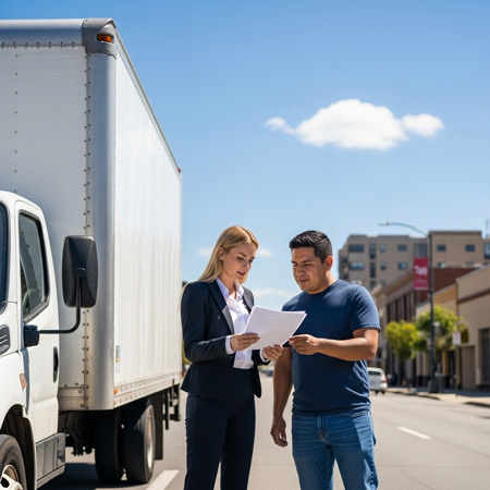 Blond lady looking at papers with a driver standing by a truck